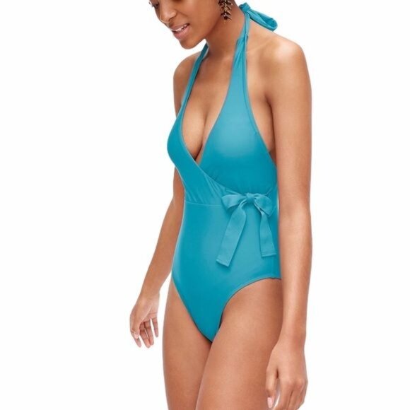 J. Crew Halter Wrap One-piece Swimsuit Havana Blue NWT - Picture 2 of 7